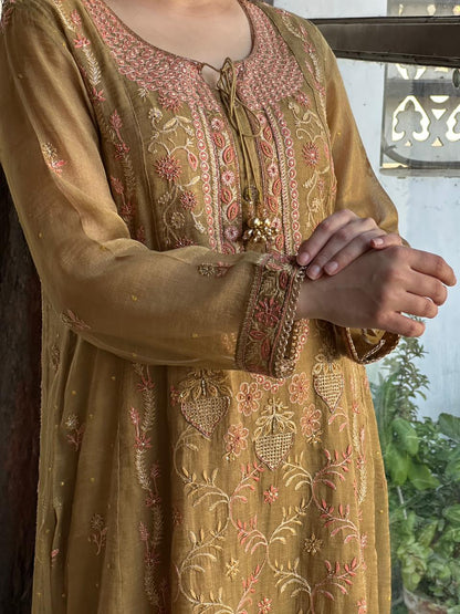 Mustard Shade Tissue Silk Chikankari Anarkali With Ari Work