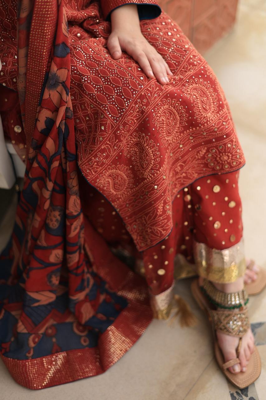 Madder Rust Red Chikankari Pure Georgette Kurta Gharara Set with Kalamkari Dupatta