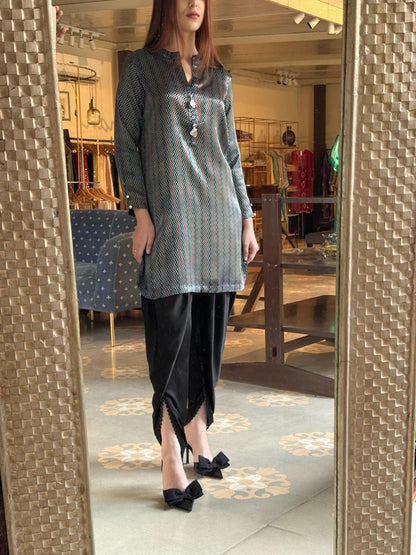 Ajrak Blue Multi Shade Mashru Silk, Short Kurta