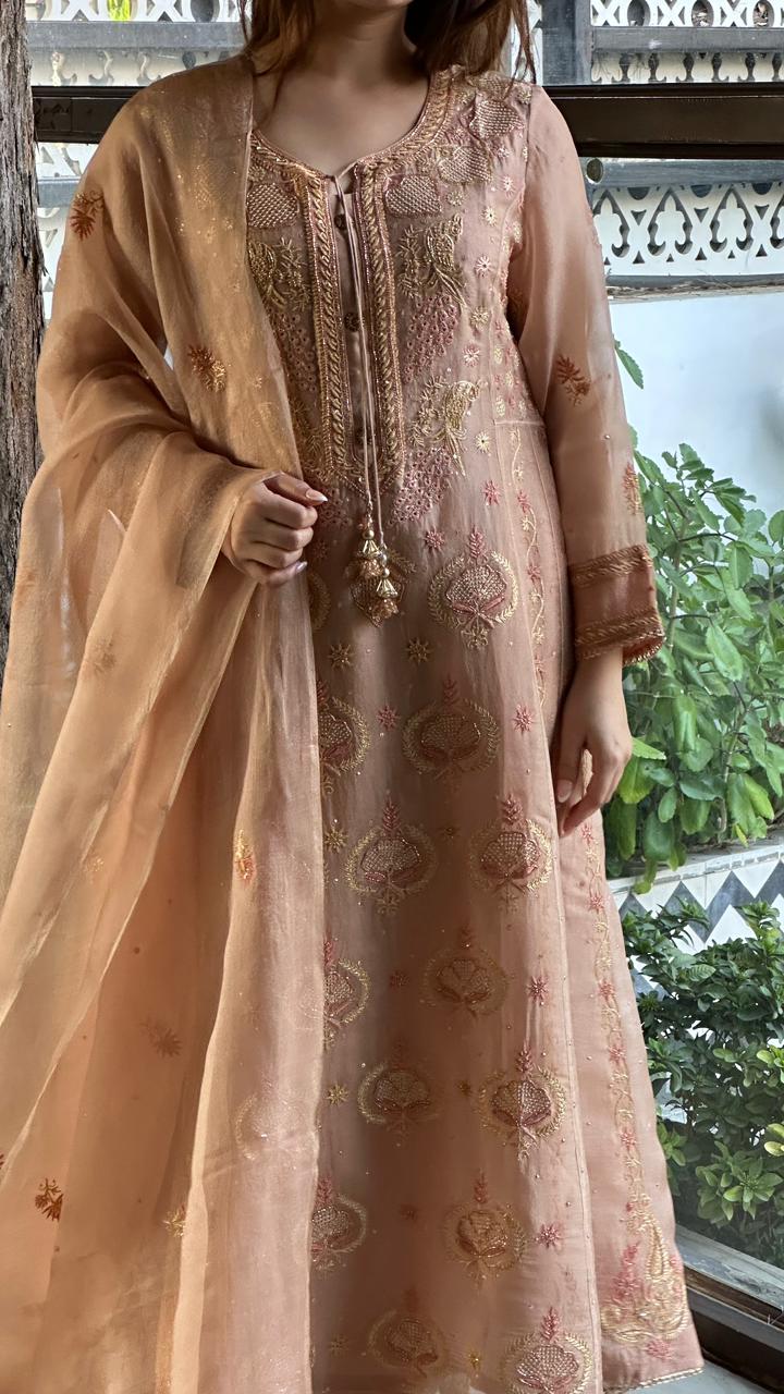Almond Pink Noor Organza Chikankari A Line Kurta With Dupatta