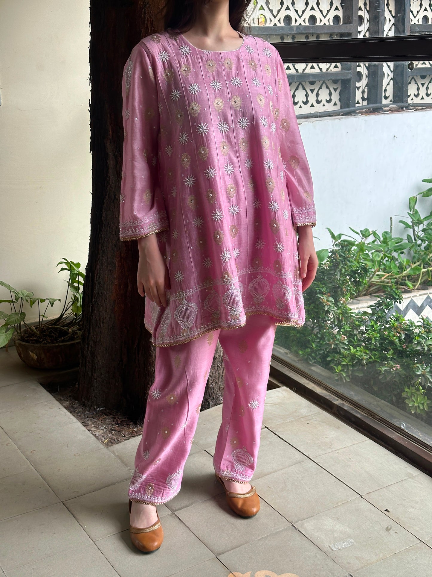 Soft Pink Zari Chanderi Chikankari Co-Ord Set