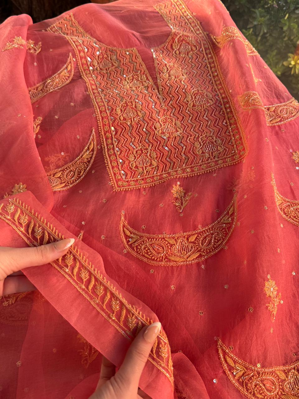 Peach Shade Noor Organza Silk Chikankari Unstitched Fabric