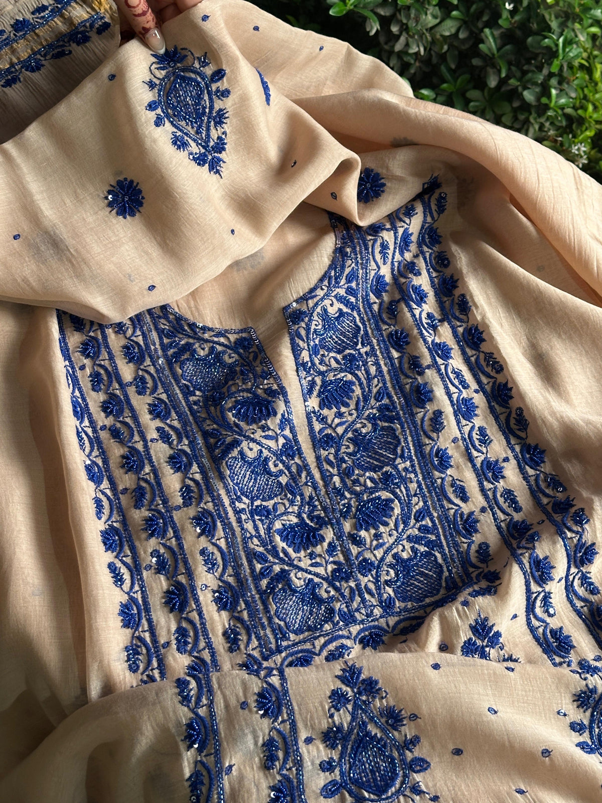 Beige & Blue Mal Chanderi Silk Chikankari With Sequins Unstitched Kurta Dupatta Set