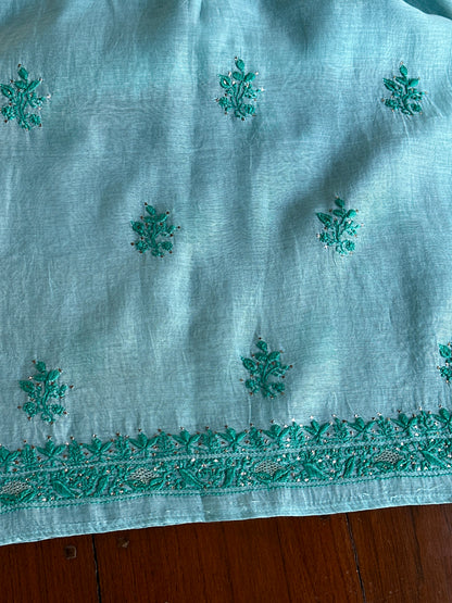 Blue Shade Mal Cotton Chikankari Unstitched Kurta Dupatta Fabric With Mukaish Badla