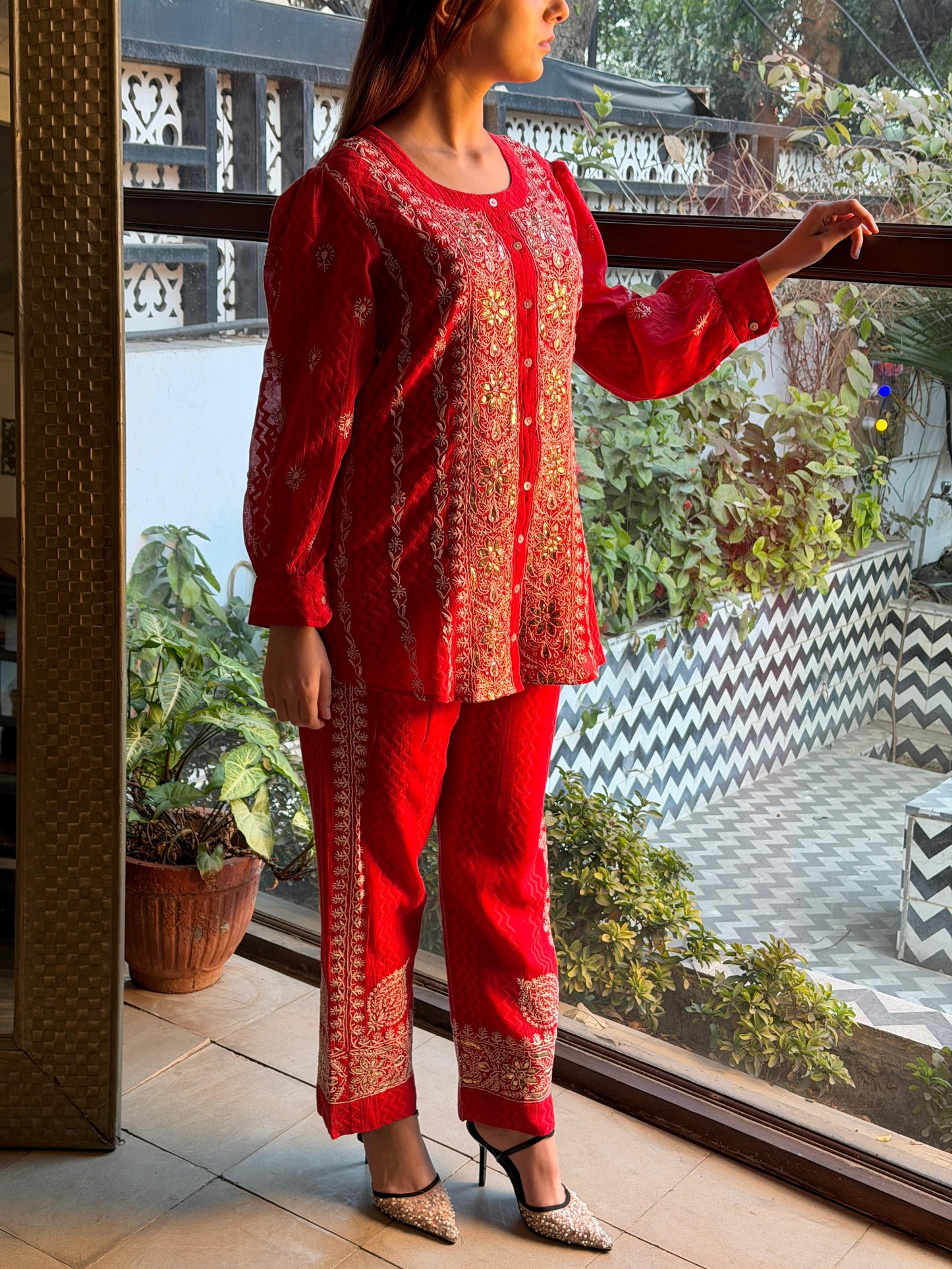 Crimson Red | Jacquard Sequins Chikankari Co-Ord Set