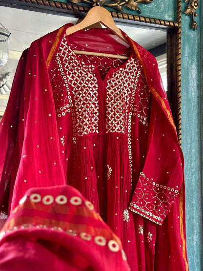 Cherry Red Shade Mukaish Mul Chanderi Silk Dress