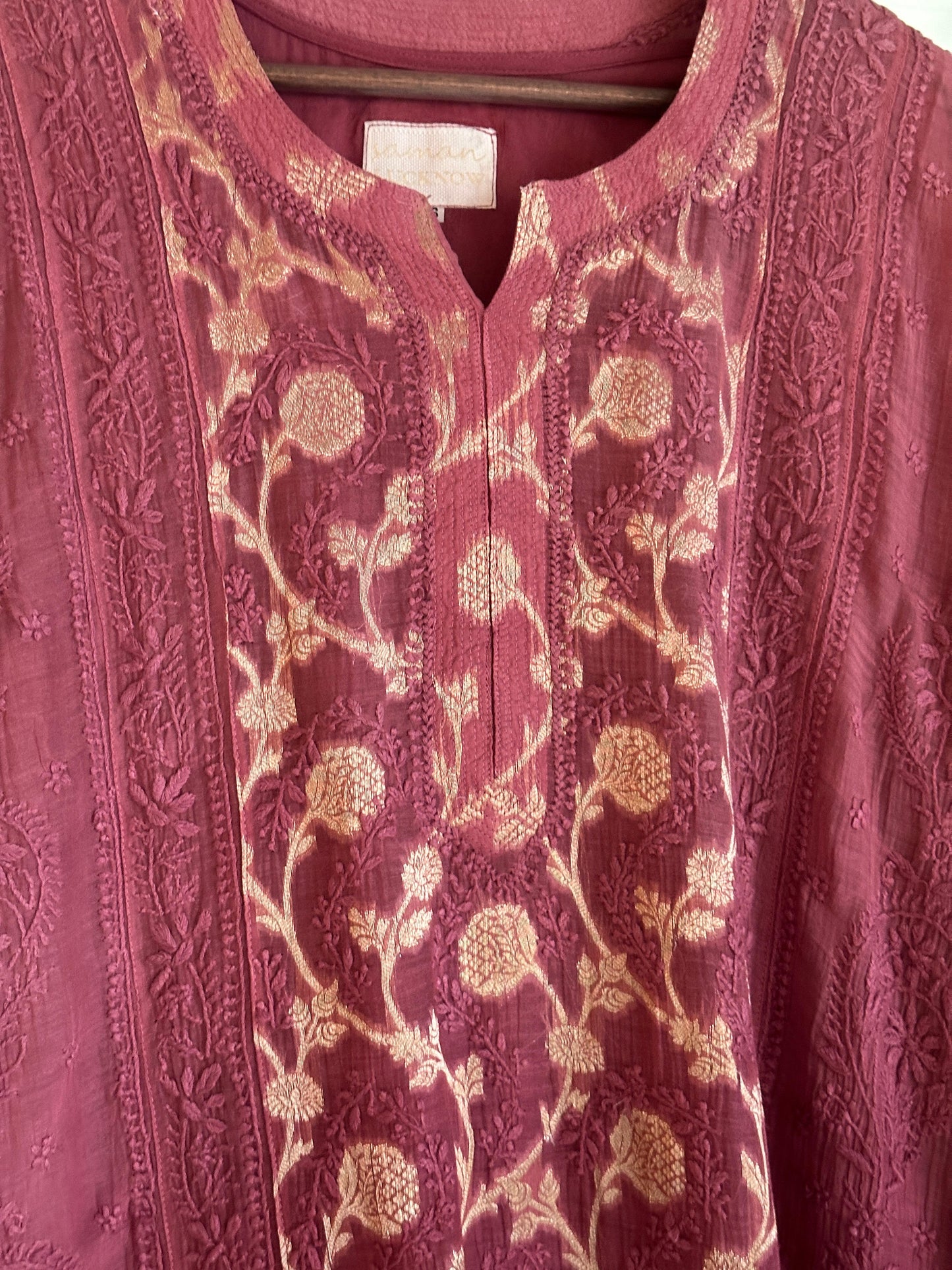 Maroon Zari Chanderi Chikankari A Line Kurta with Slip