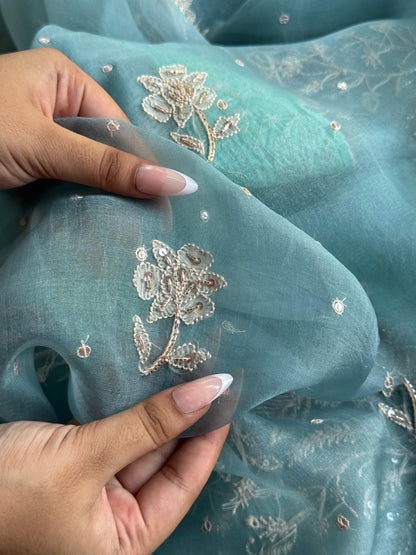 Pastel Shade Noor Organza Silk Chikankari Unstitched Kurta Dupatta Set