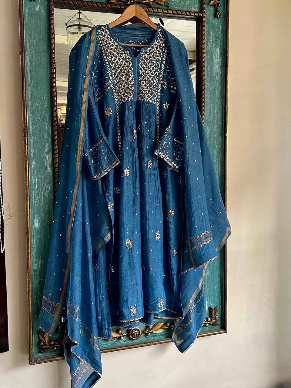 Blue Shade Mukaish Mul Chanderi Silk Dress