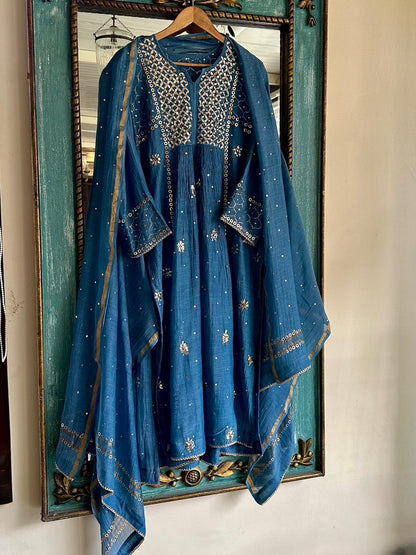 Blue Shade Mukaish Mul Chanderi Silk Dress