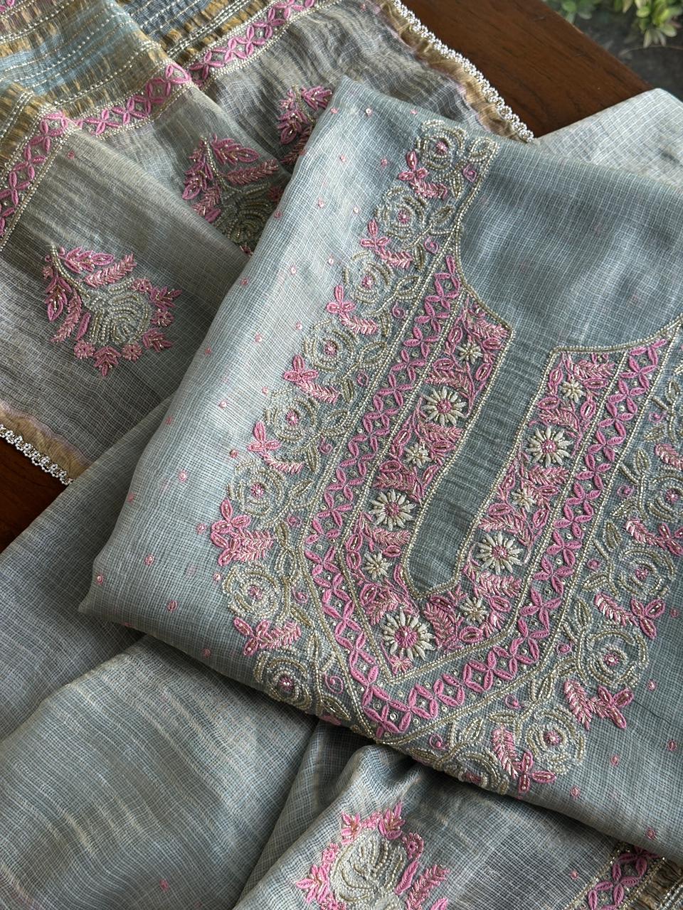 Smokey Grey Shade Tissue Kota Chikankari Unstitched Fabric