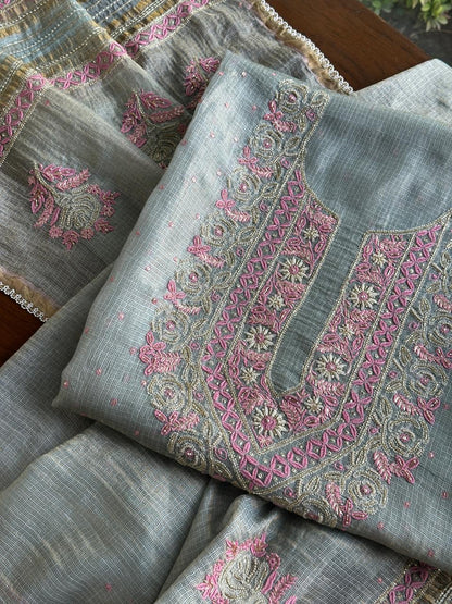 Smokey Grey Shade Tissue Kota Chikankari Unstitched Fabric