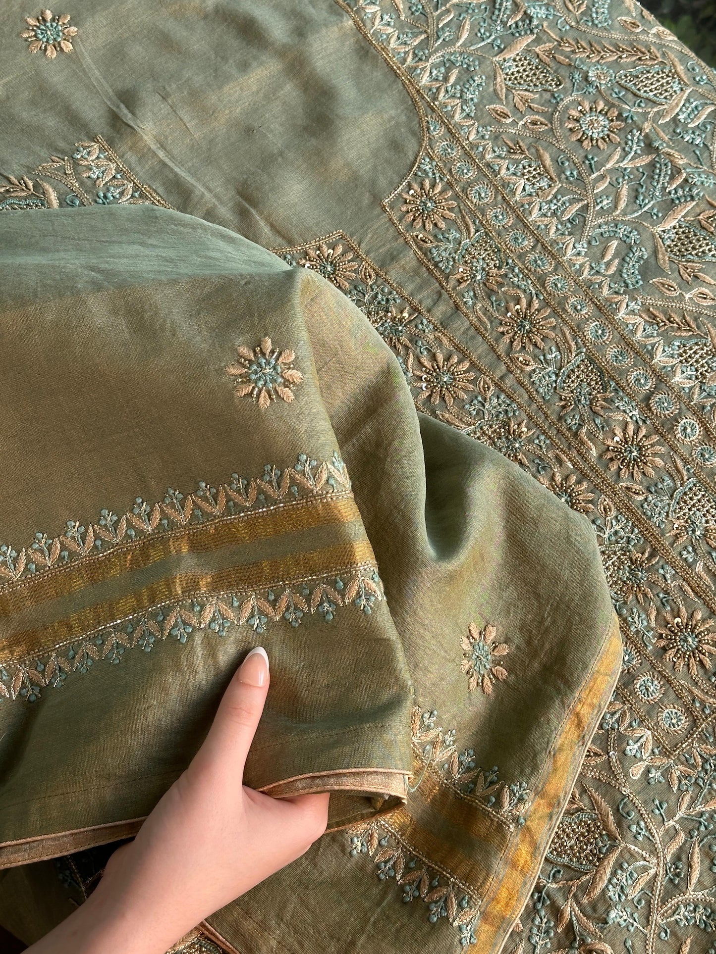 Cement Green Multi Shade Tissue Silk Chikankari Unstitched Fabric