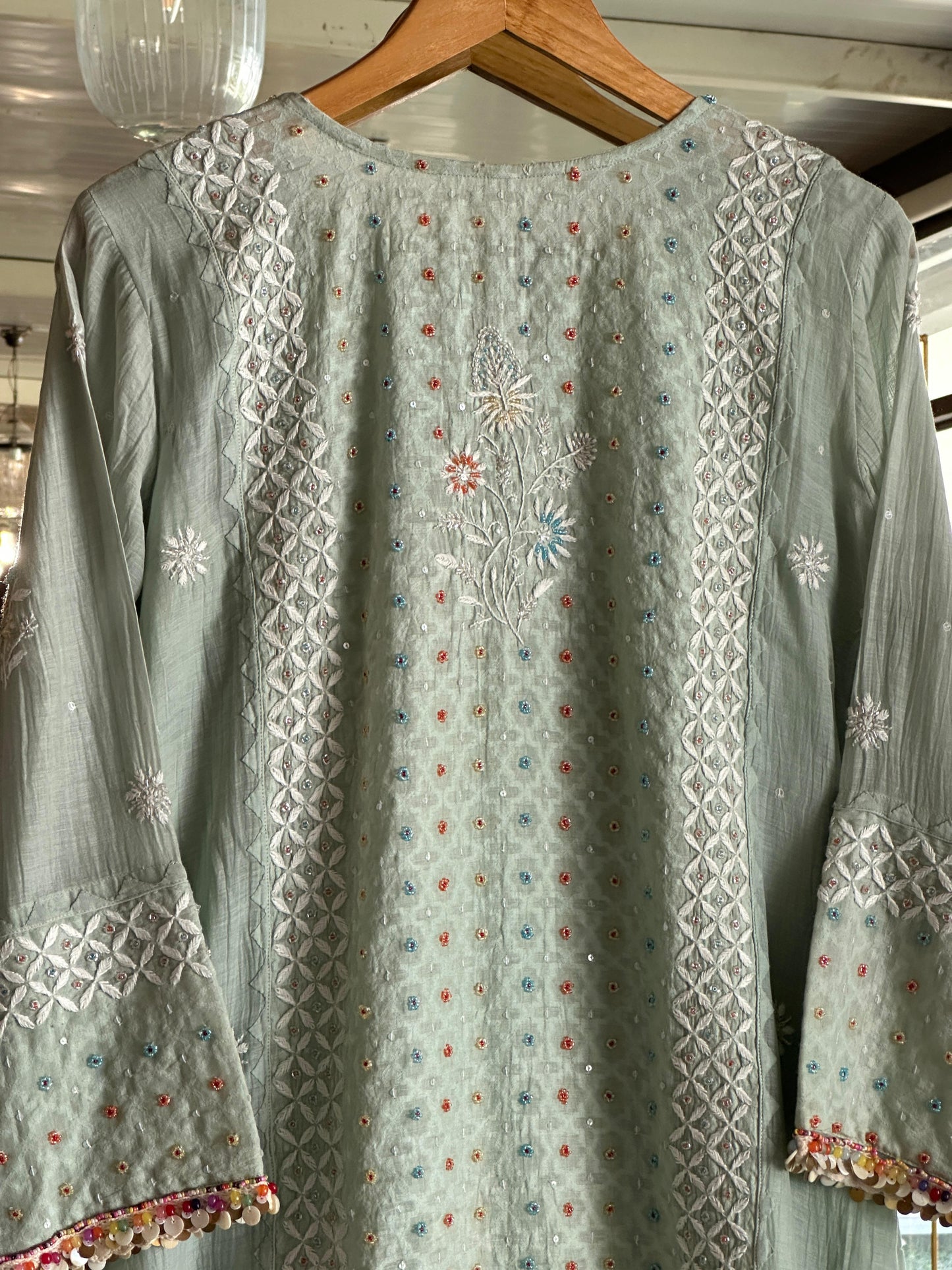 Mint Green Shade Jacquard Sequins Chikankari Kurta Set