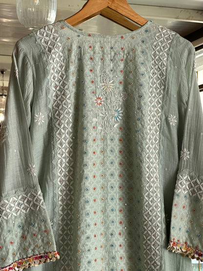 Mint Green Shade Jacquard Sequins Chikankari Kurta Set