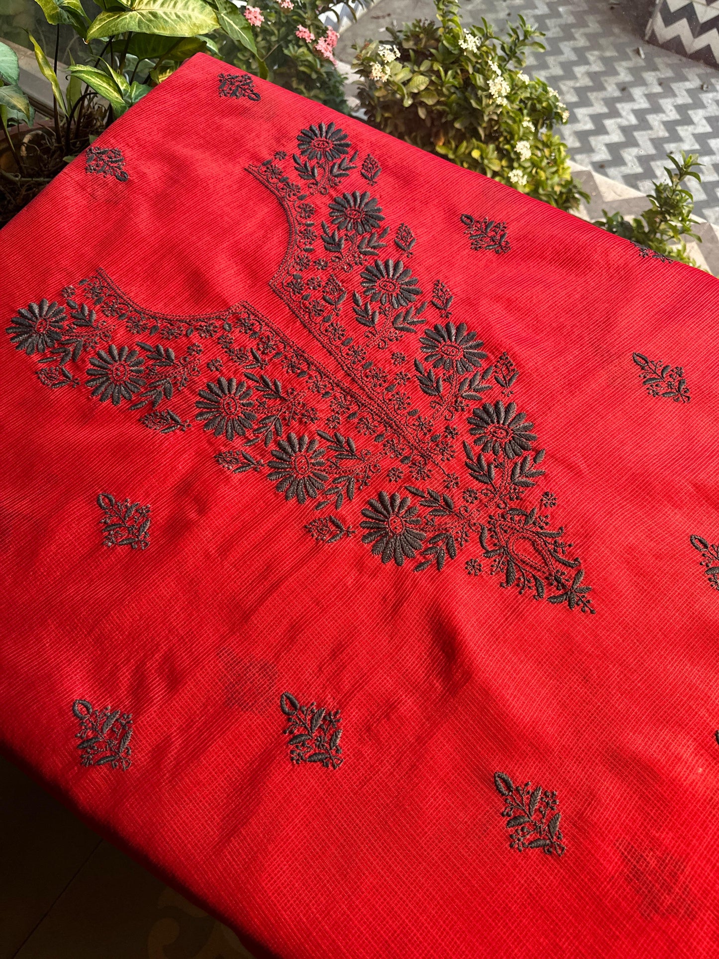 Red & Grey Kota Chikankari Unstitched Fabric