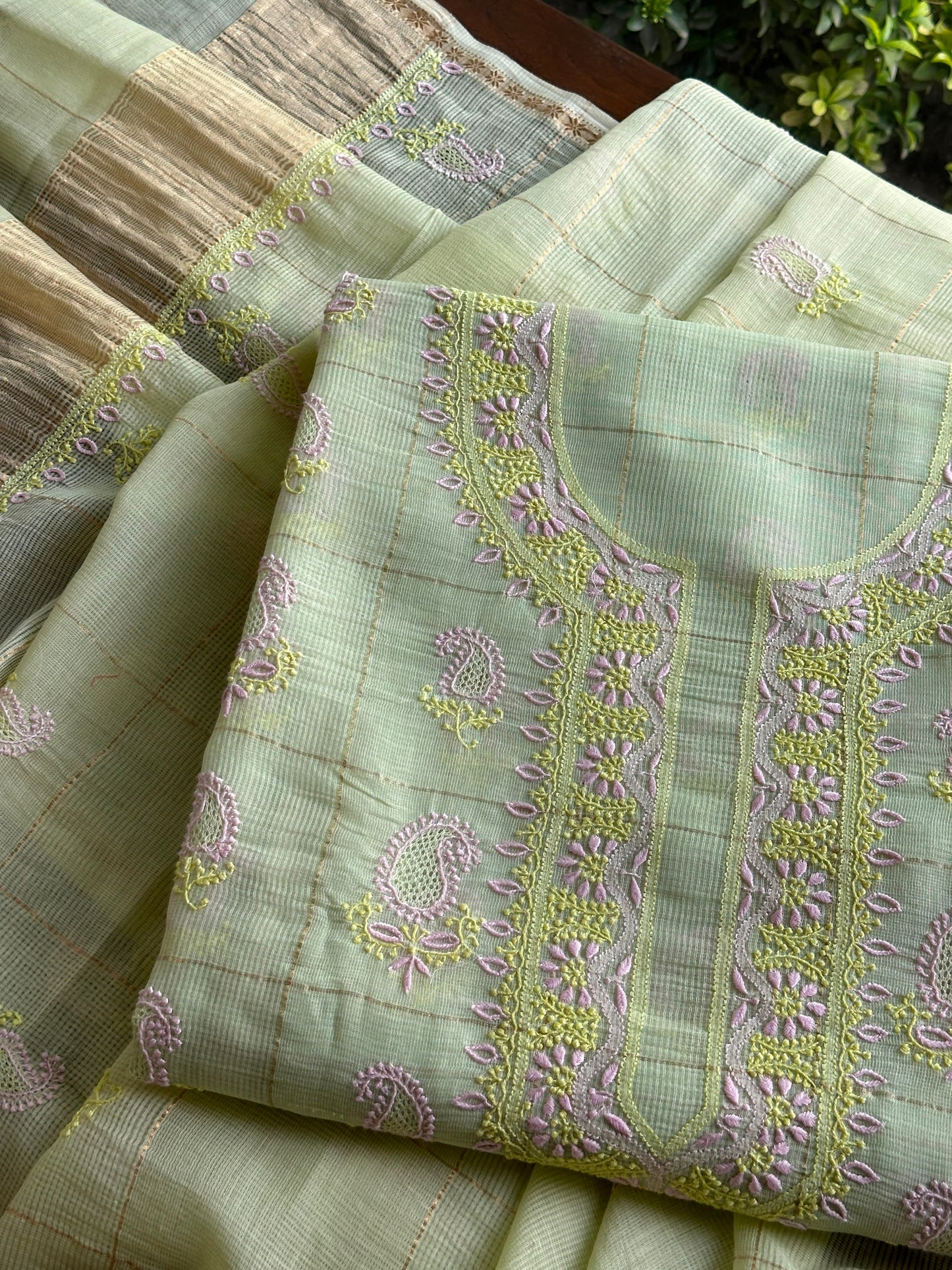 Olive Green Shade Tissue Zari Kota Chikankari Unstitched Fabric