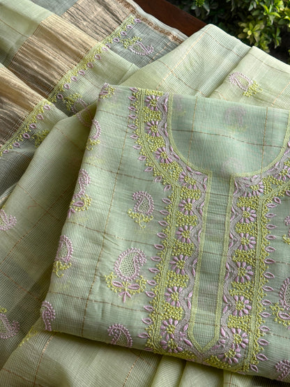 Olive Green Shade Tissue Zari Kota Chikankari Unstitched Fabric