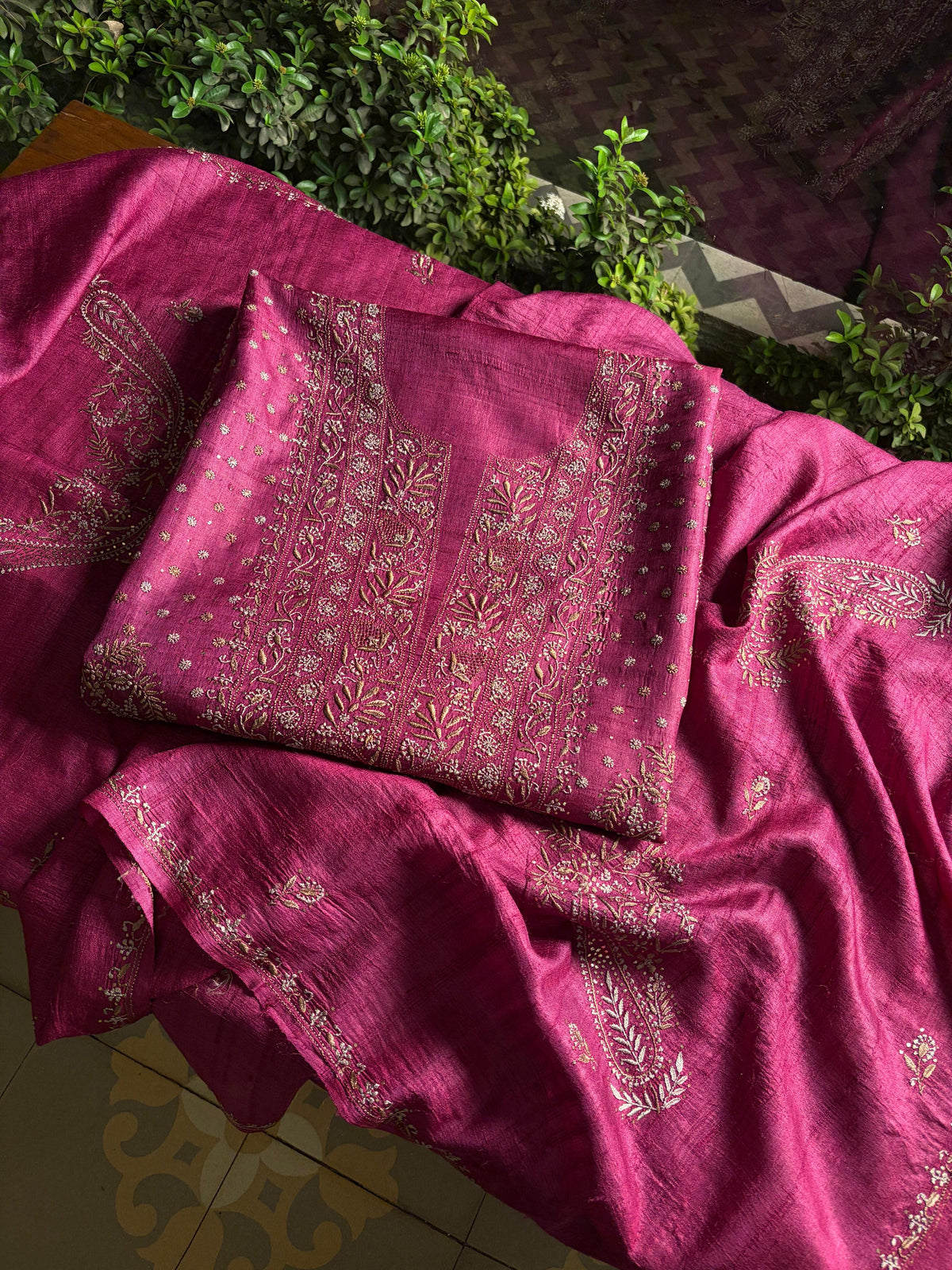 Plum Shade Roheen Tussar Silk Chikankari Fabric