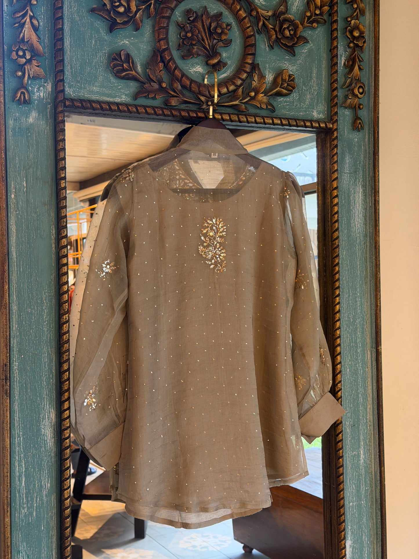 Sage Green Noor Organza Mukaish Badla Short Top With Bow Tie