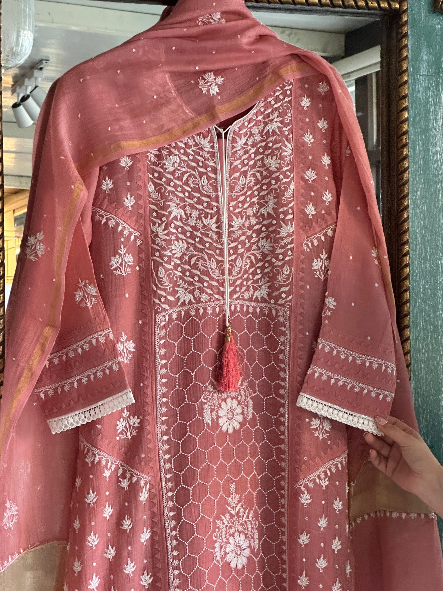 Onion Pink Shade Malmal Pearl Work Chikankari Kurta With Dupatta
