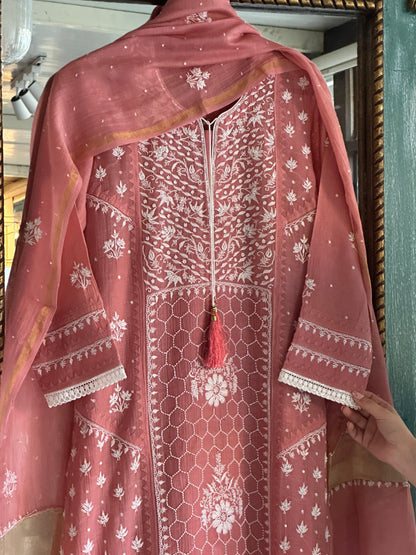 Onion Pink Shade Malmal Pearl Work Chikankari Kurta With Dupatta