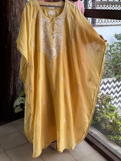 Yellow Malmal Sequinned Chikankari Kaftan
