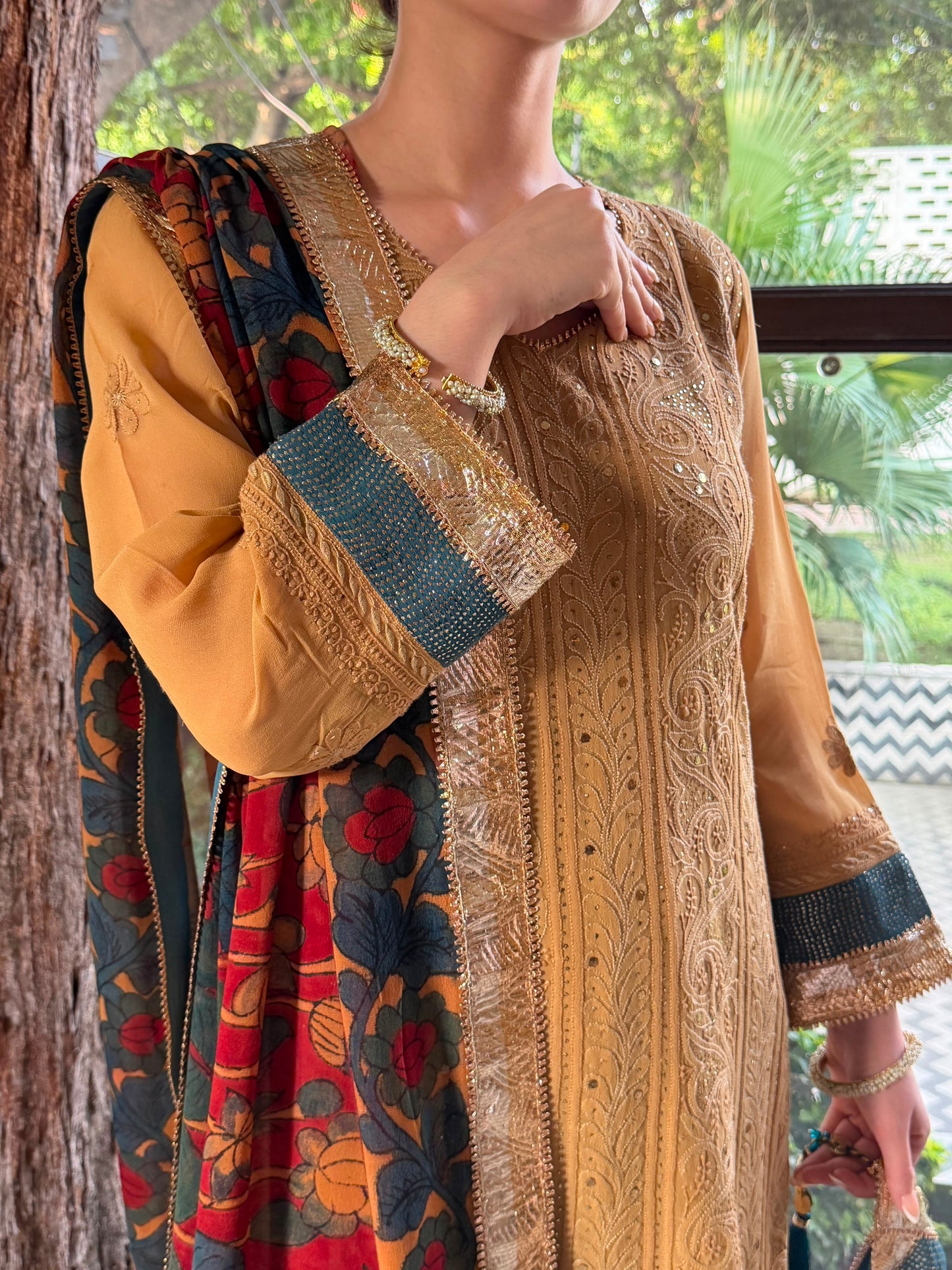 Turmeric Yellow Chikankari Pure Georgette Churidar Set with Kalamkari Dupatta