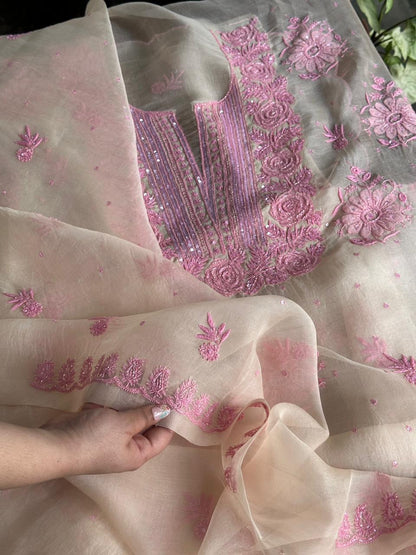 Ivory Shade Noor Organza Silk Chikankari Unstitched Kurta Dupatta Set