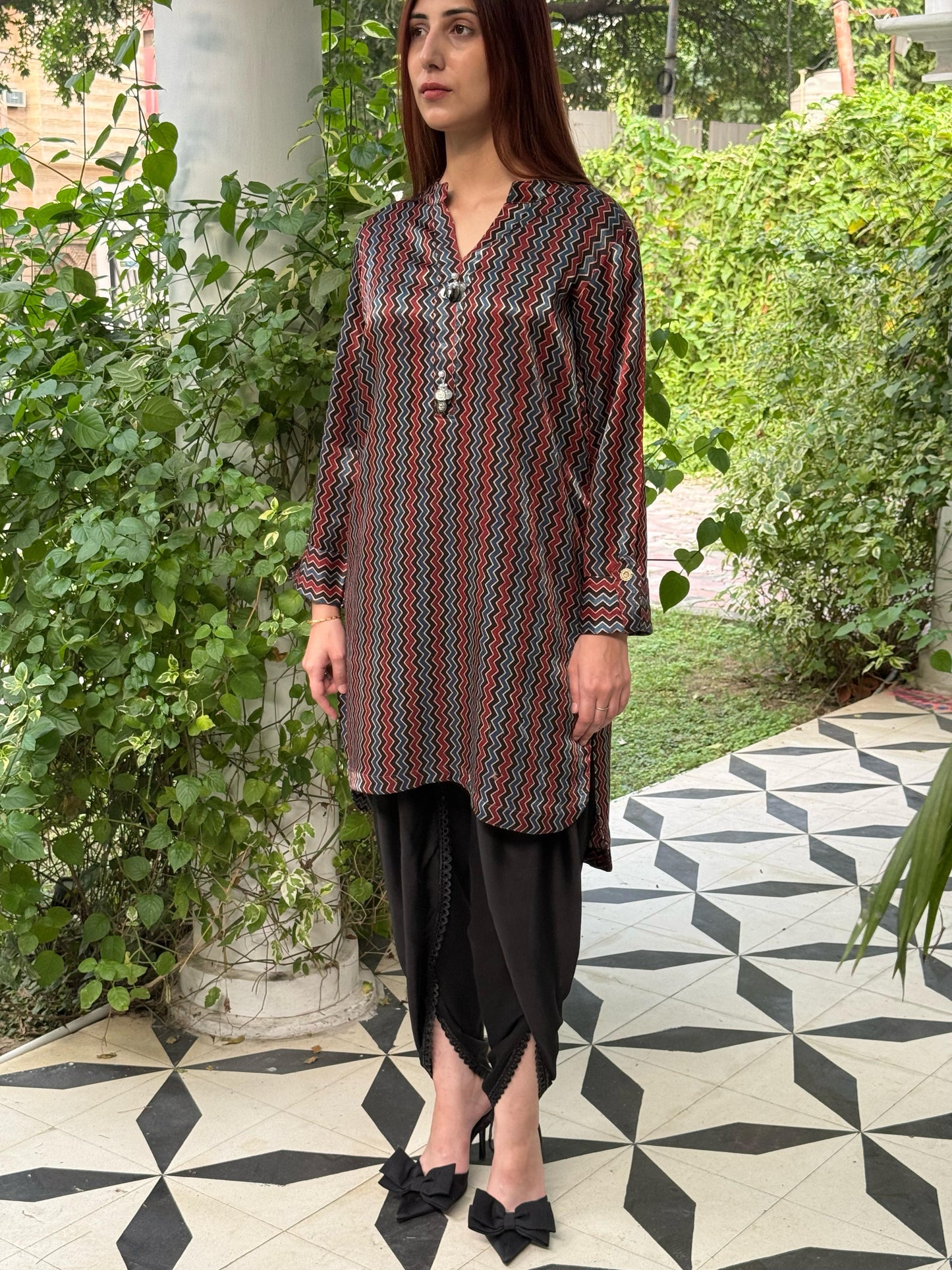 Ajrak Multi Shade Mashru Silk, Short Kurta