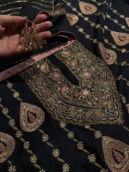 Black Shade Moonga Silk Chikankari Suit with Ari Pitta Detailing & Zardosi Border