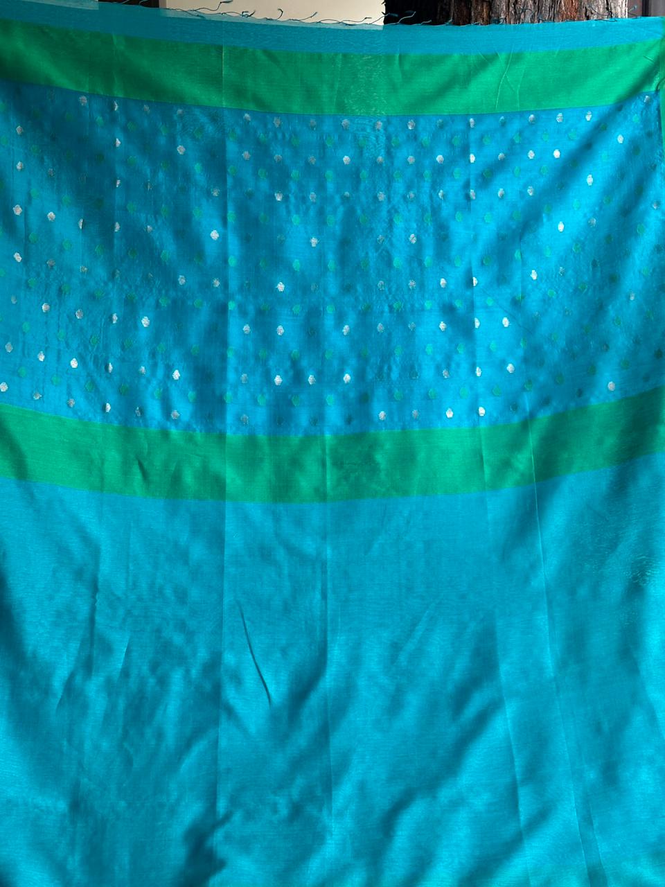 Blue Woven Butta Saree with Contrast Green Border