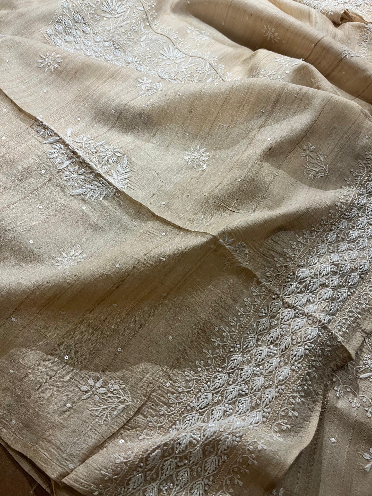 Semi Stitched Natural Tussar Silk Chikankari Kurta Dupatta Set