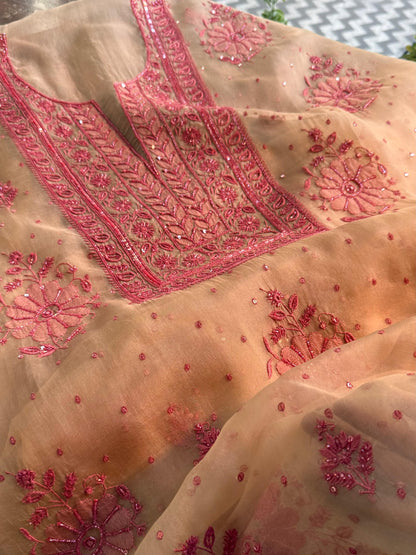 Beige Red Noor Organza Silk Chikankari Unstitched Kurta Dupatta Set