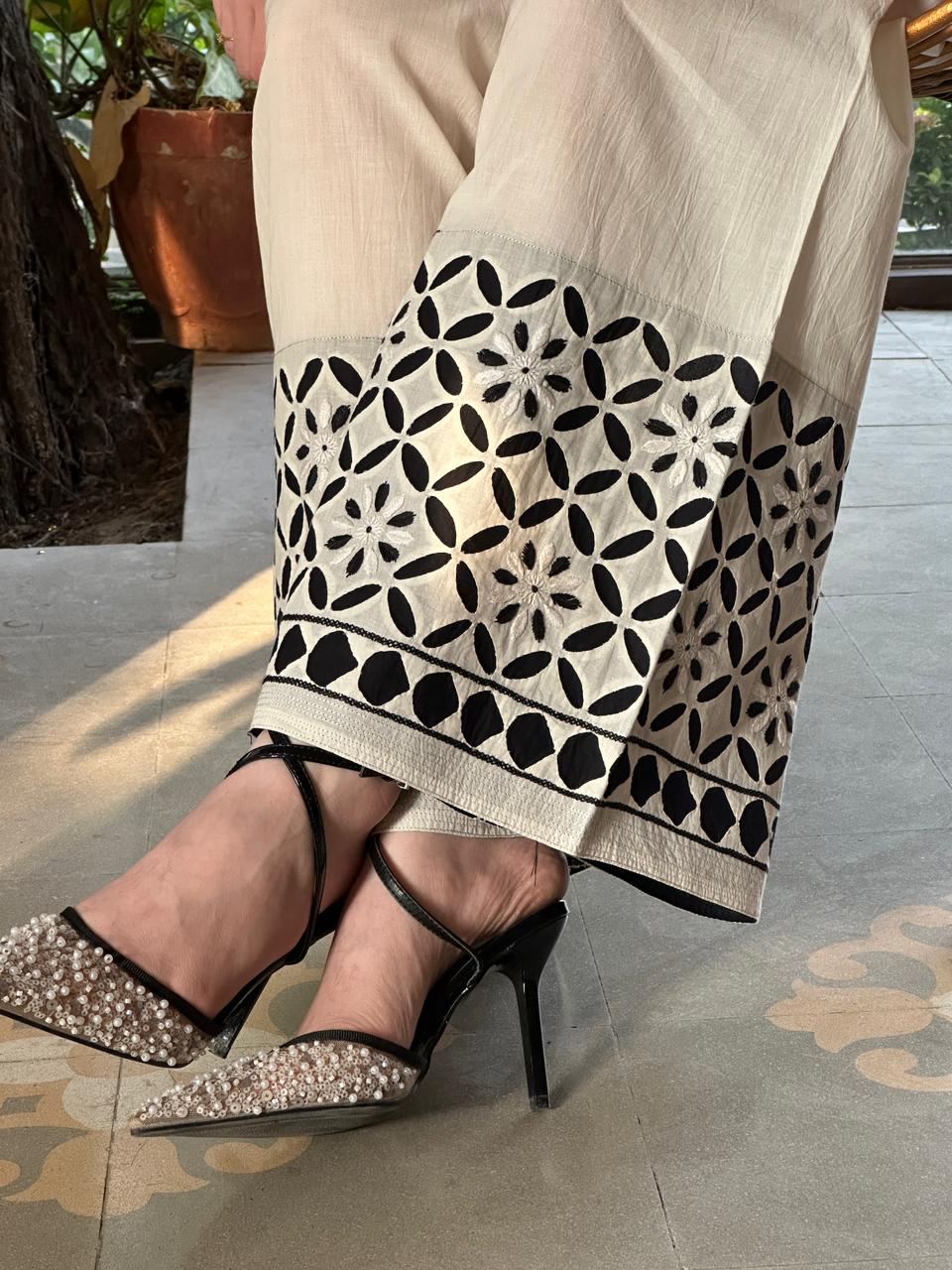 White & Black Floral Daraz Chikankari Palazzo