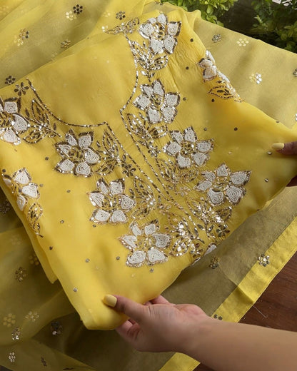 Yellow Noor Organza Silk Mukaish Pearl Chikankari Unstitched Fabric