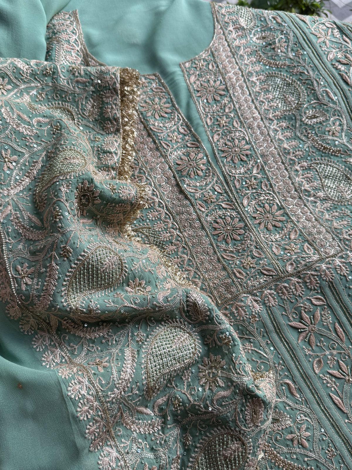 Green Superfine Pure Georgette Chikankari Kurta Set