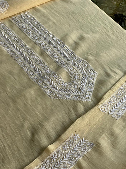 Yellow Mulmul Chikankari Unstitched Men's Kurtas Fabric