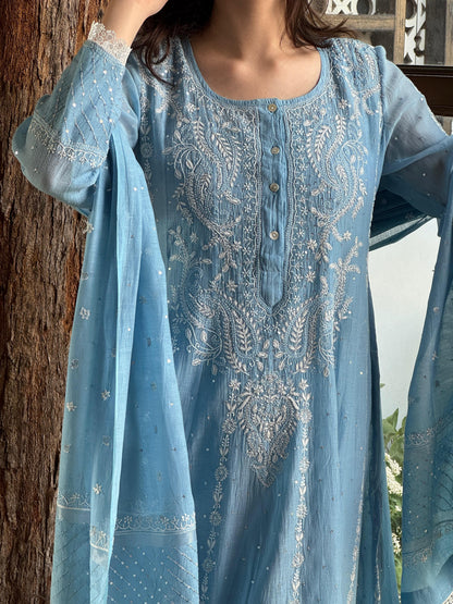 Powder Blue Shade Malmal Pearl Work Chikankari Anarkali