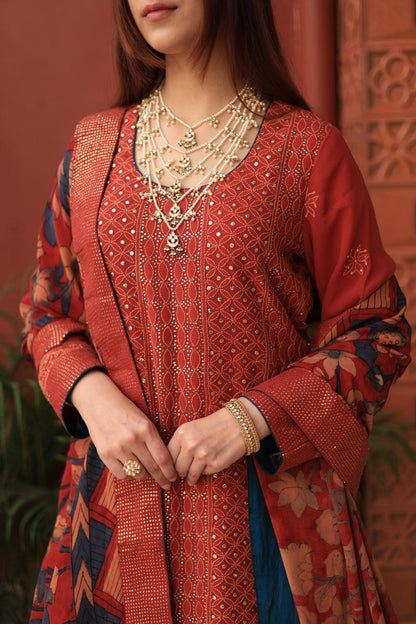 Madder Rust Red Chikankari Pure Georgette Kurta Gharara Set with Kalamkari Dupatta
