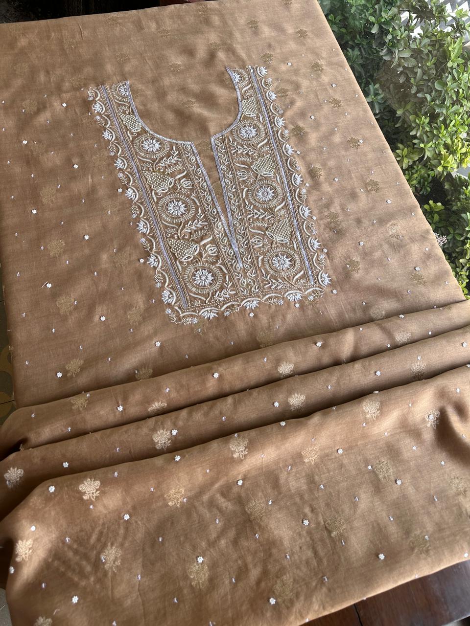 Tobacco Brown Shade Banarasi Zari Chanderi Unstitched Chikankari Fabric
