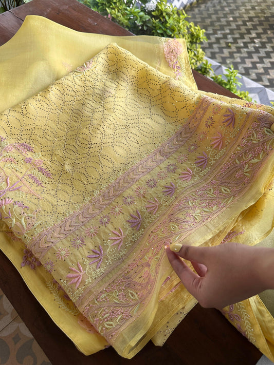Pineapple Yellow | Noor Organza Silk Chikankari With Kamdani Fabric