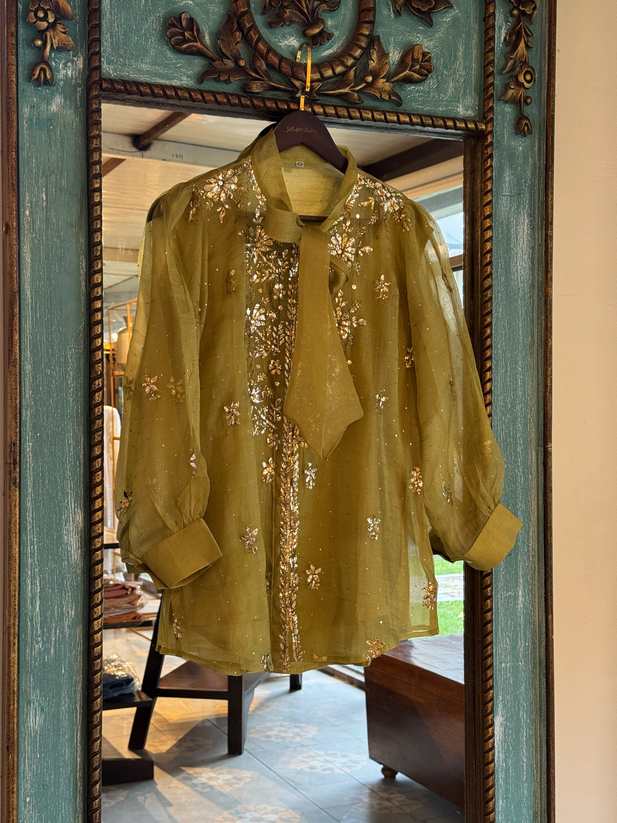 Neon Green Noor Organza Mukaish Badla Short Top With Bow Tie