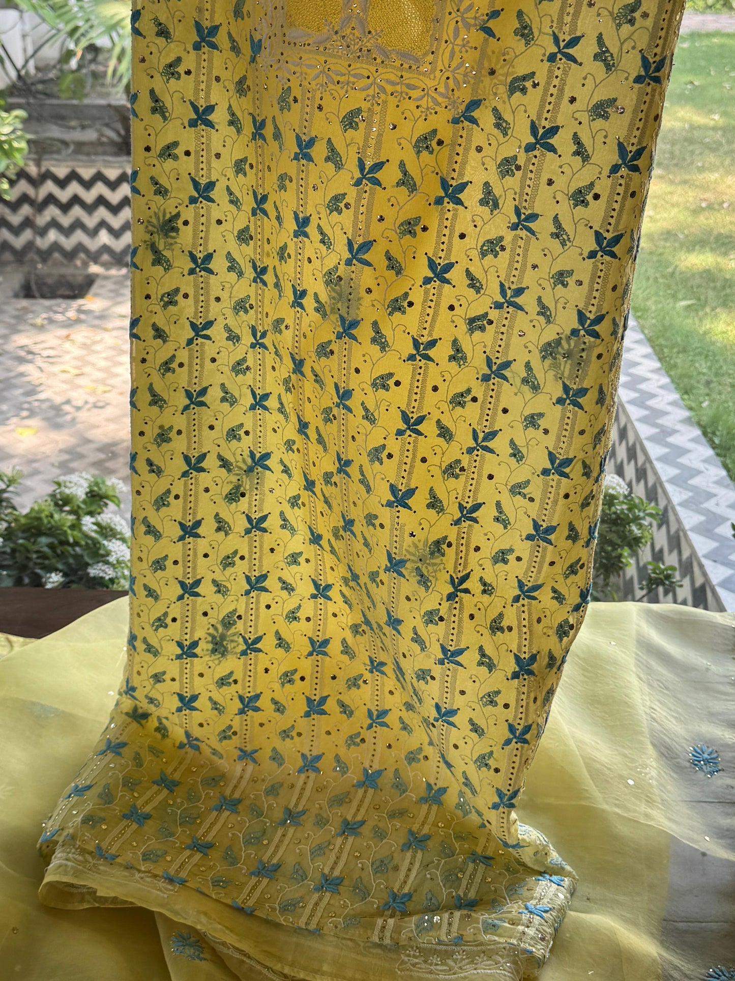 Lemon Yellow & Aqua Noor Organza Silk Chikankari With Kamdani Fabric