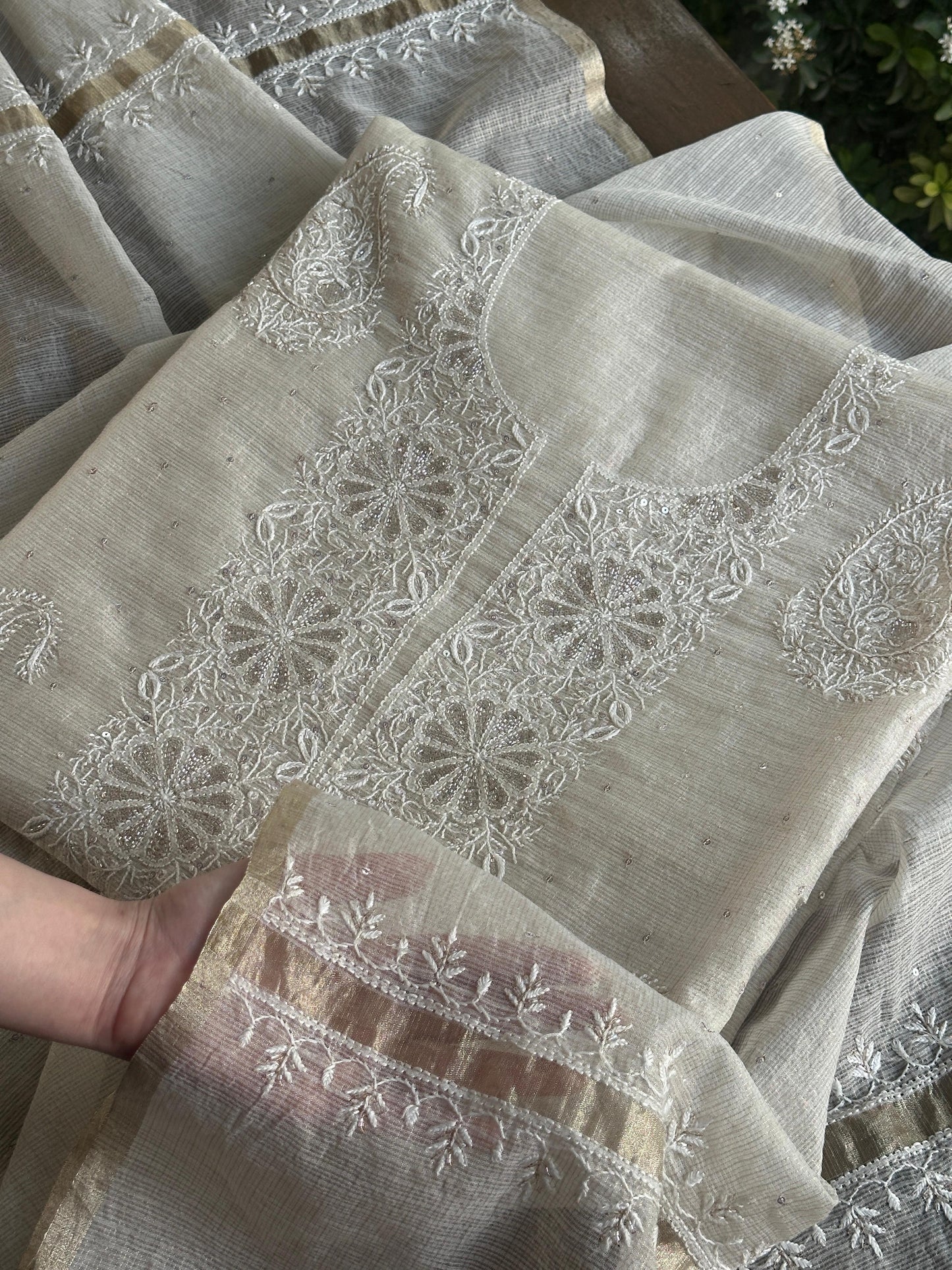 Off White Shade Tissue Zari Kota Chikankari Unstitched Fabric