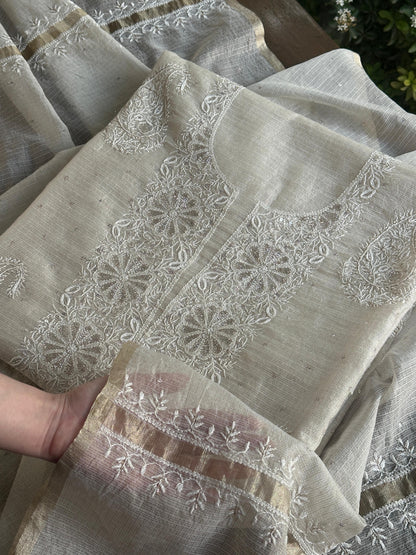 Off White Shade Tissue Zari Kota Chikankari Unstitched Fabric