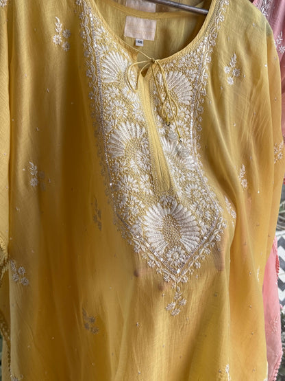 Yellow Malmal Sequinned Chikankari Kaftan