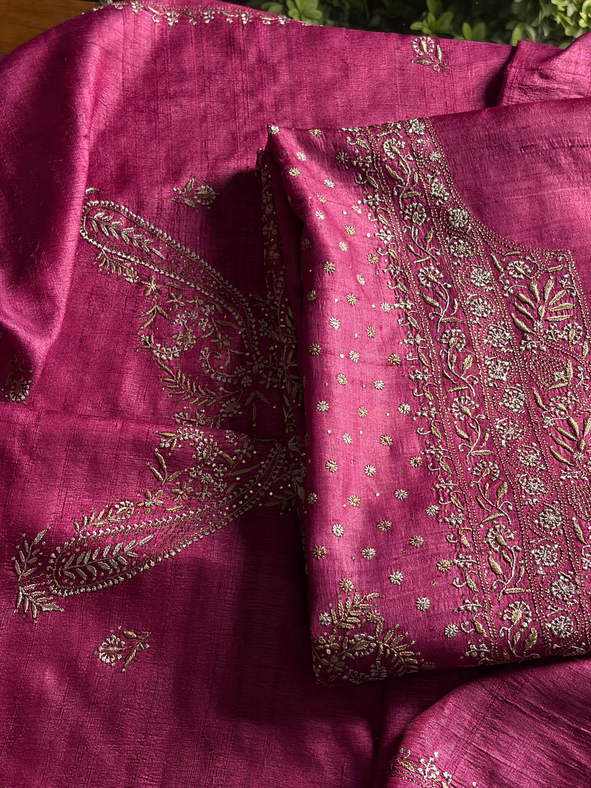 Plum Shade Roheen Tussar Silk Chikankari Fabric