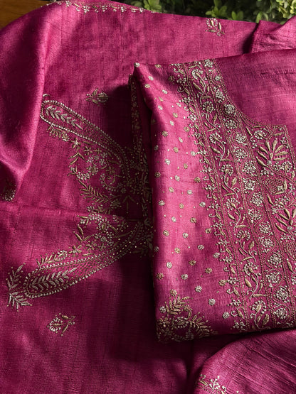 Plum Shade Roheen Tussar Silk Chikankari Fabric