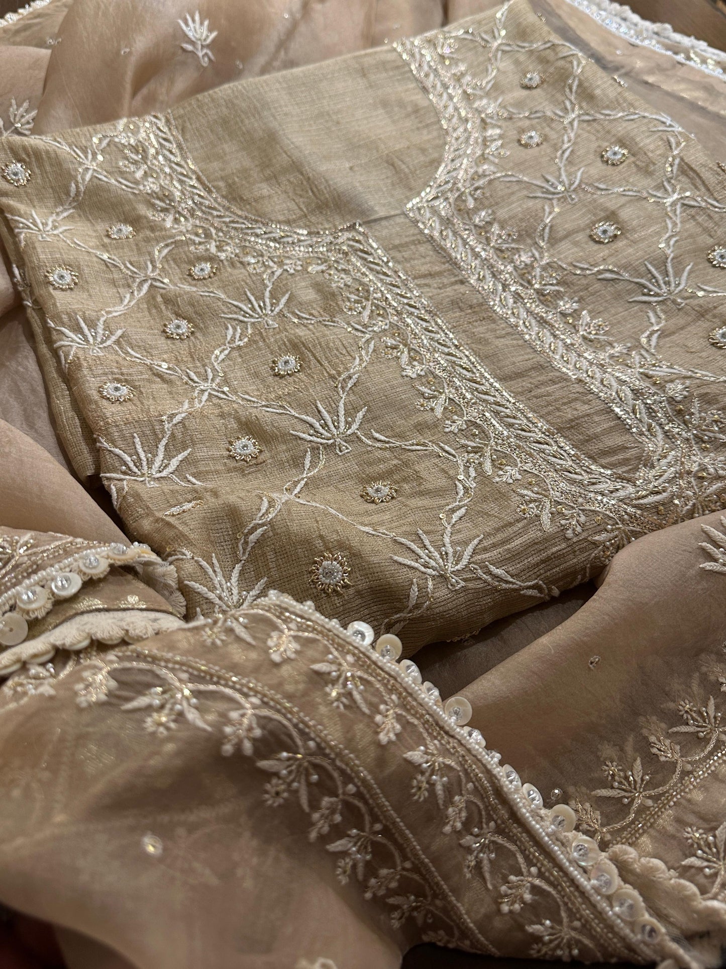 Beige Rasm Tussar Kota Chikankari Unstitched Chikankari Fabrics